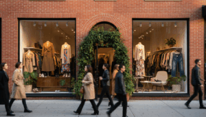 Vintage and Boutique Shopping in Greenpoint Brooklyn - HelpNewYork.com A stylish vintage boutique storefront on a brick-lined street in Greenpoint, Brooklyn, featuring plants and window displays.
