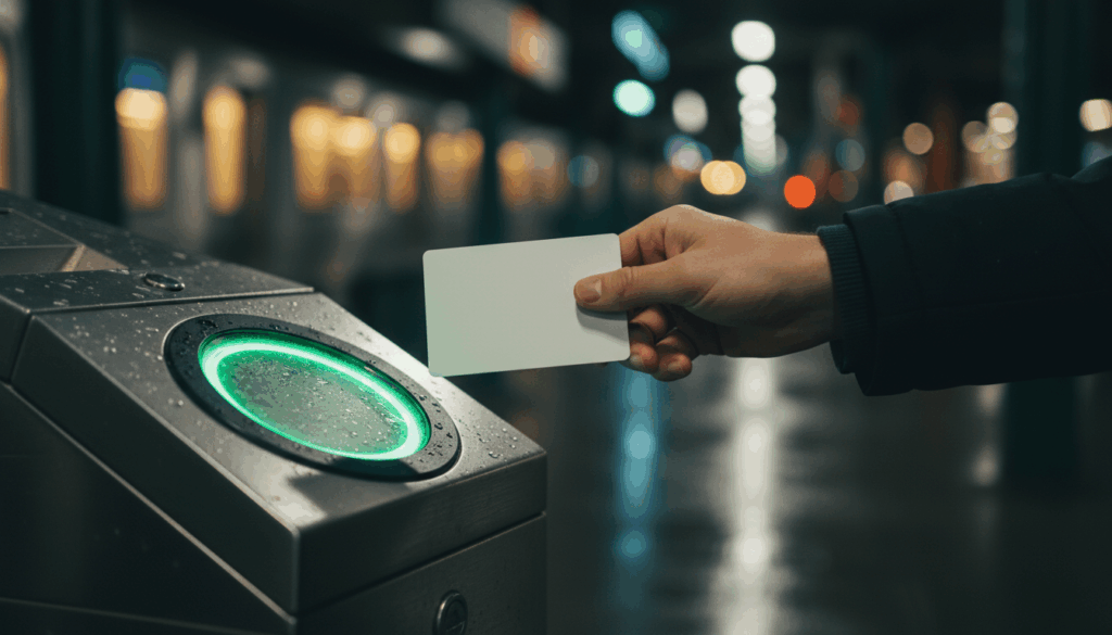 Hand holding a Fair Fares OMNY card at an NYC subway turnstile.