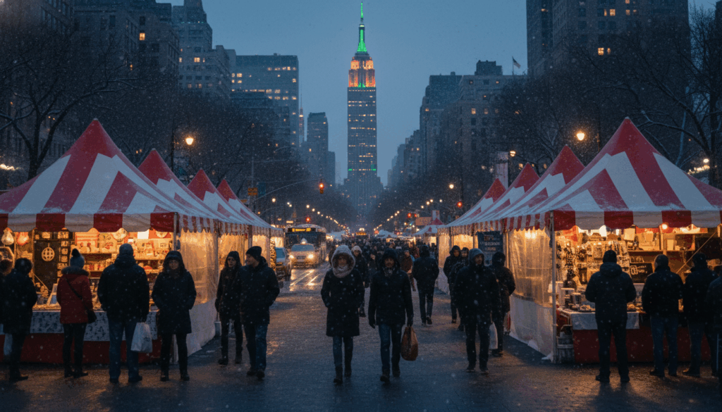 Union Square Holiday Market tents glowing at night with the Empire State Building in the background, December 2025.