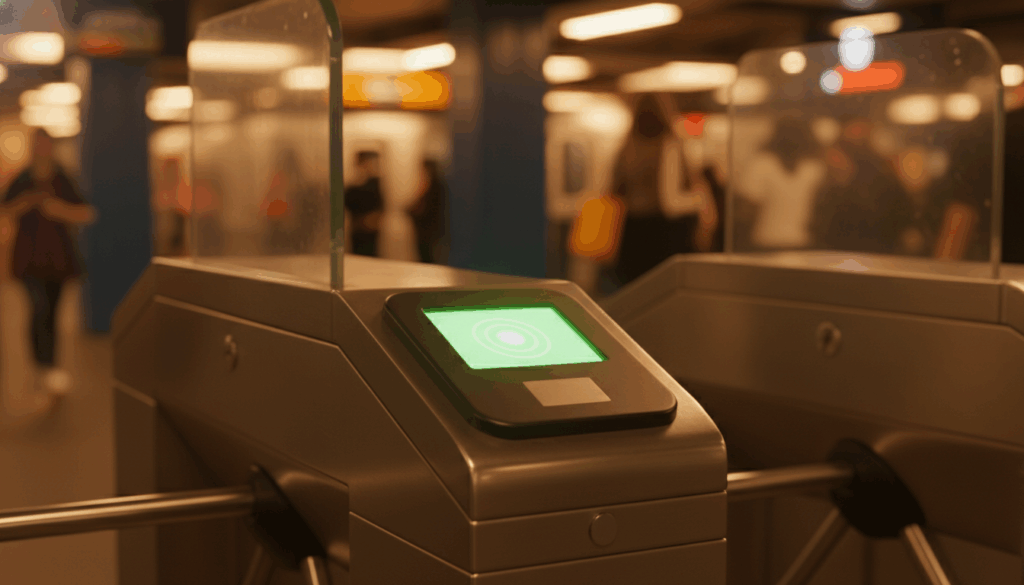 NYC subway turnstile contactless OMNY reader glowing green.