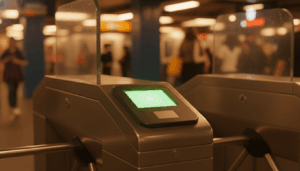NYC Fair Fares OMNY Transition - HelpNewYork.com NYC subway turnstile contactless OMNY reader glowing green.