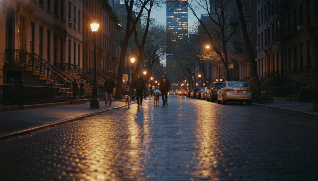 A quiet, safe residential street in Manhattan at dusk with brownstones and streetlights.