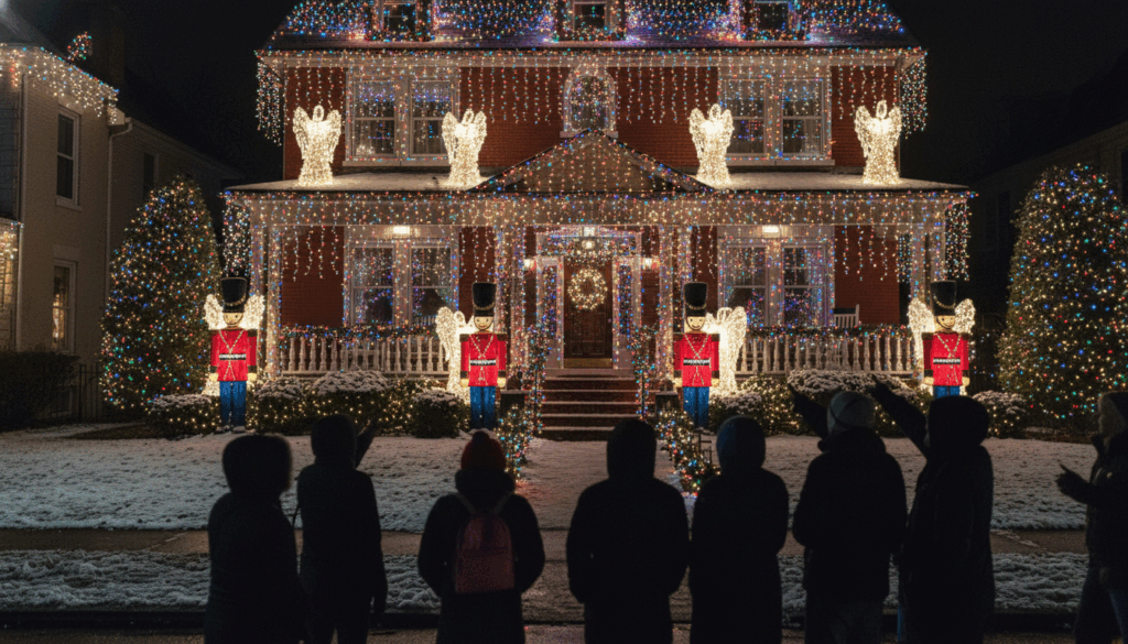 A spectacular home in Dyker Heights Brooklyn covered in thousands of Christmas lights and decorations for the 2025 holiday season.
