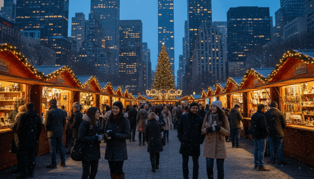 NYC Holiday Market at Twilight 2025 - HelpNewYork.com Crowds browsing illuminated wooden kiosks at a New York City holiday market at night with the skyline in the background.