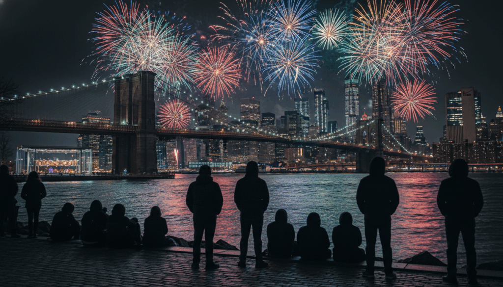 NYC Fireworks Viewing from DUMBO - HelpNewYork.com New Year's Eve 2026 fireworks over Manhattan skyline viewed from Brooklyn Bridge Park.
