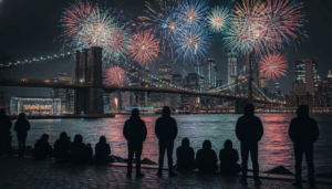 NYC Fireworks Viewing from DUMBO - HelpNewYork.com New Year's Eve 2026 fireworks over Manhattan skyline viewed from Brooklyn Bridge Park.