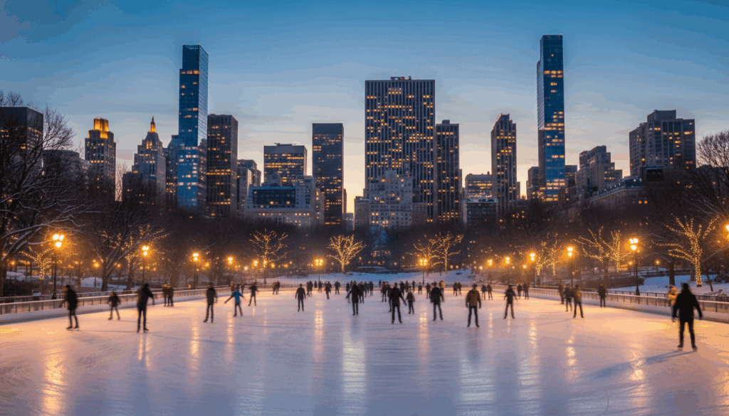 Wollman Rink at Twilight - HelpNewYork.com Skaters gliding at Wollman Rink in Central Park with the illuminated Midtown Manhattan skyline in the background.
