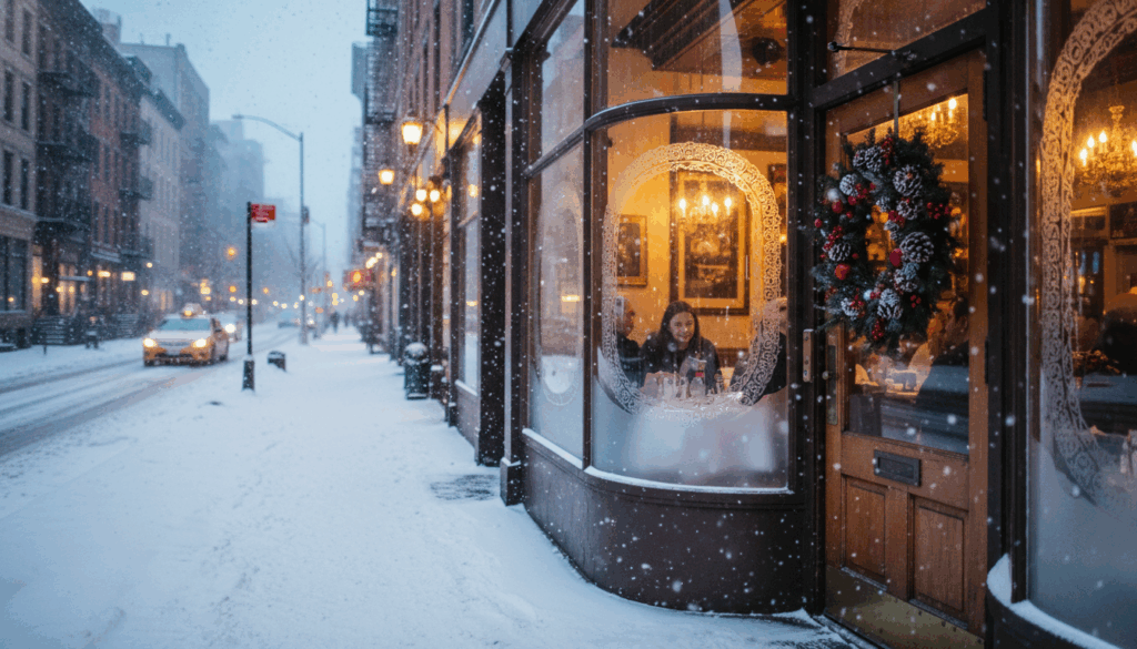 Christmas Day Dining Atmosphere in New York City - HelpNewYork.com A cozy Manhattan restaurant glowing on a snowy Christmas evening.