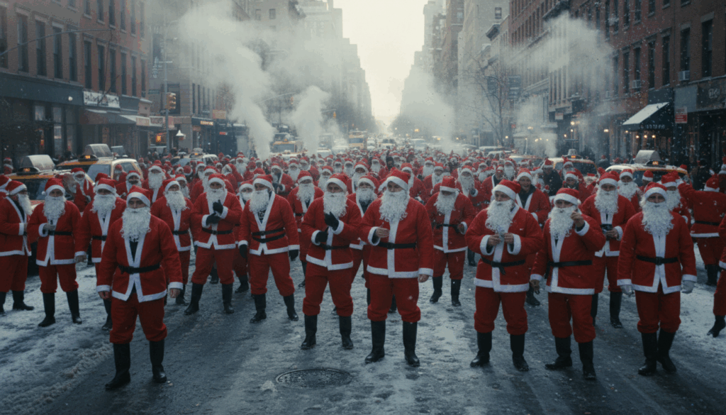 Santacon NYC 2025 Street Crowd - HelpNewYork.com A crowd of thousands dressed as Santa Claus fills the streets of Midtown Manhattan during Santacon NYC 2025.