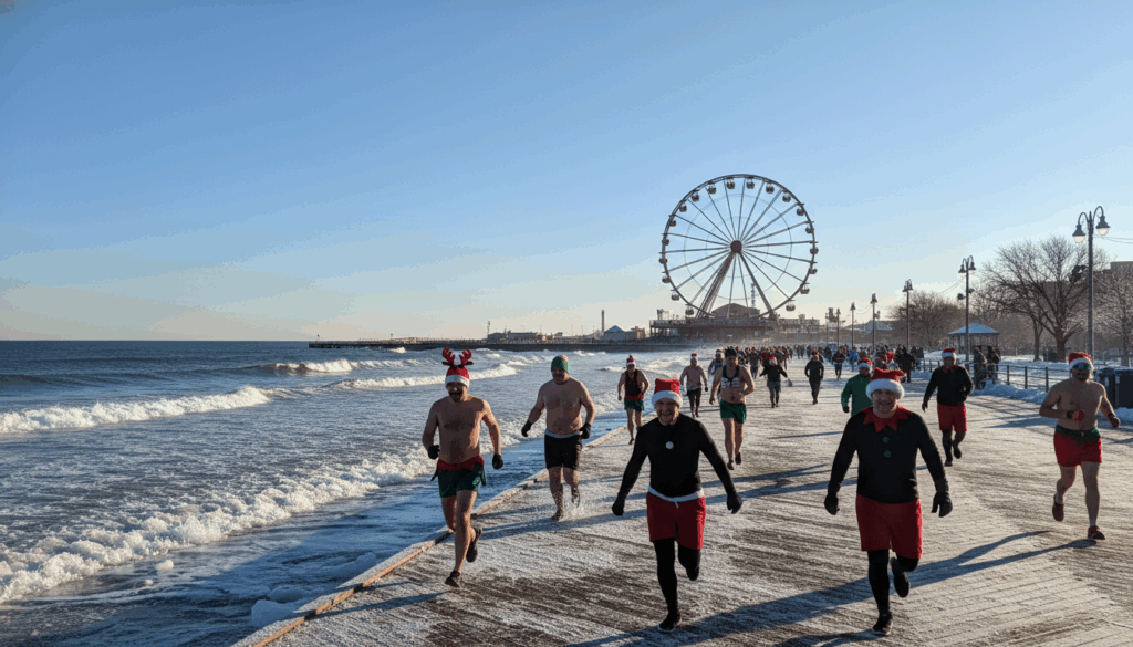 Brave swimmers running into the ocean for the Coney Island Polar Bear Plunge on New Year's Day 2026.