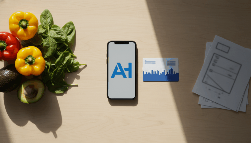 A smartphone showing the ACCESS HRA app next to a NY EBT card and fresh groceries.