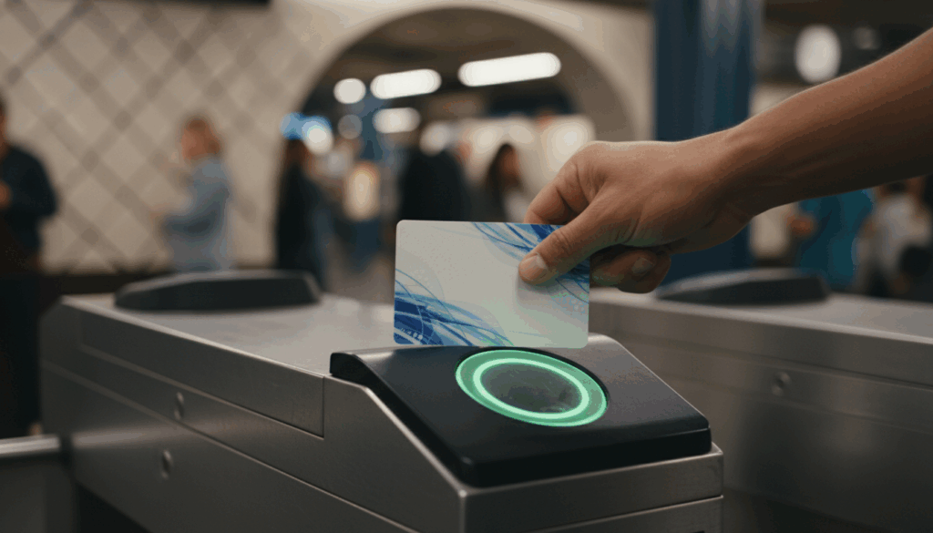 A commuter tapping a Fair Fares OMNY card at an NYC subway turnstile.