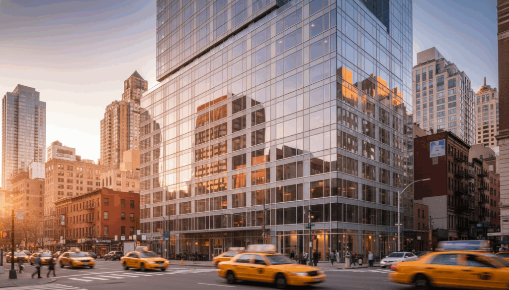 Modern exterior of a New York City public health clinic offering services for uninsured residents.
