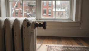 A vintage cast-iron radiator in an NYC apartment during winter, representing tenant heat rights.