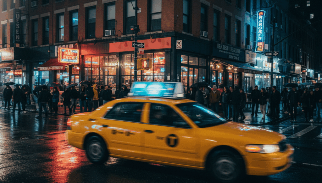 Nighttime street scene in Hell's Kitchen, NYC, featuring busy restaurants and pedestrians on 9th Avenue.