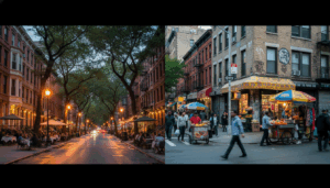 Harlem vs East Harlem Street Vibe Comparison - HelpNewYork.com Comparison of Central Harlem brownstone streets versus East Harlem lively street corners at dusk.