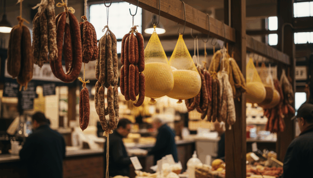 Hanging cured meats and cheeses in Arthur Avenue Retail Market Bronx