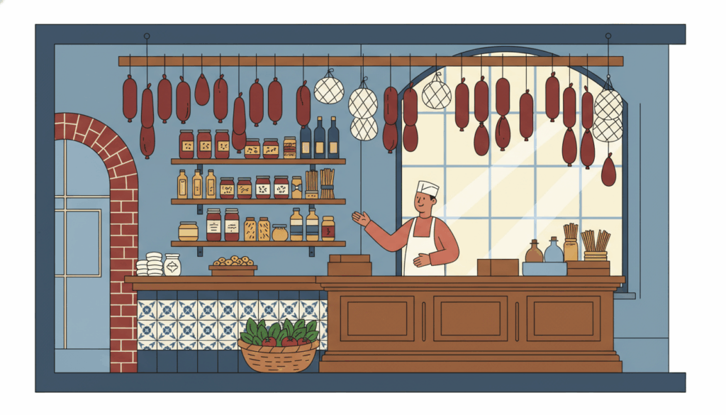 arthur-avenue-market-interior - HelpNewYork.com Hanging cured meats and cheeses in Arthur Avenue Retail Market Bronx