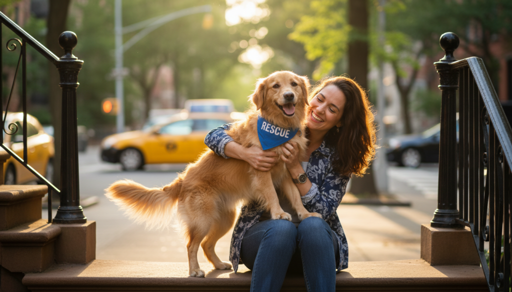 A woman smiling and hugging a golden retriever wearing a blue 'RESCUE' bandana, sitting on brownstone steps during a golden hour sunset in the city.