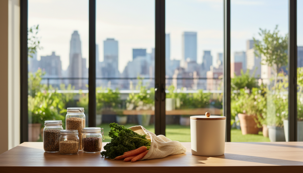 A wooden kitchen counter featuring four glass jars of grains, a white ceramic compost bin with a wooden lid, fresh kale, and carrots in a reusable mesh bag. In the background, large windows reveal a sunny city skyline and a terrace with green plants.