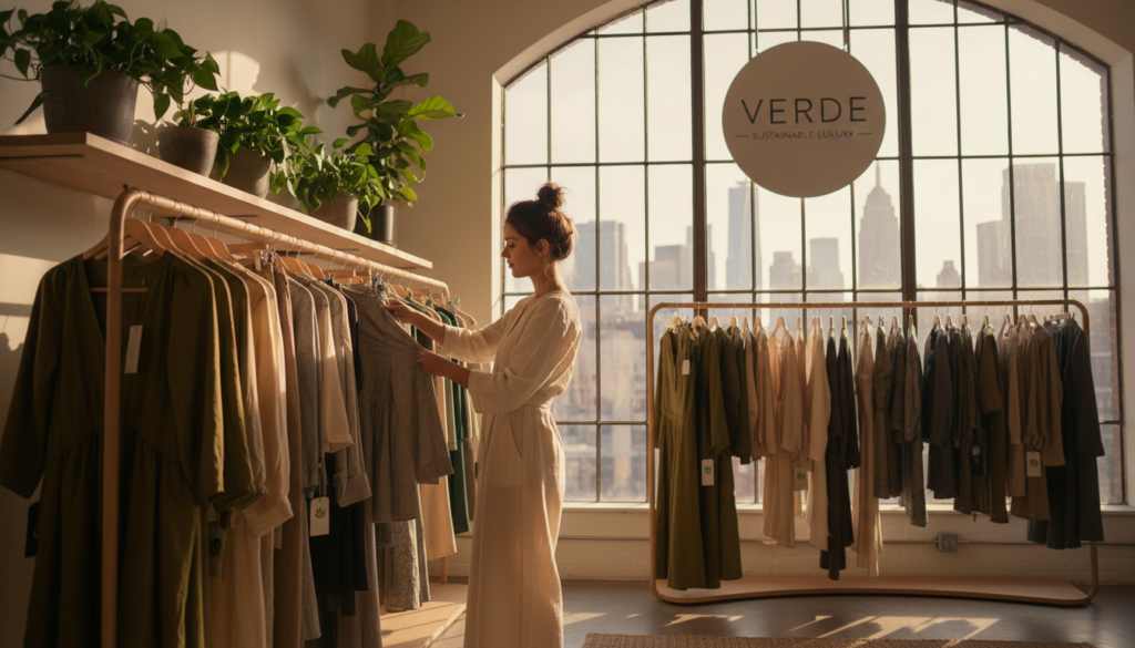 A woman in a cream jumpsuit browsing sustainable clothing on a wooden rack in a sunlit boutique named Verde Sustainable Luxury, with a New York City skyline visible through a large arched window.