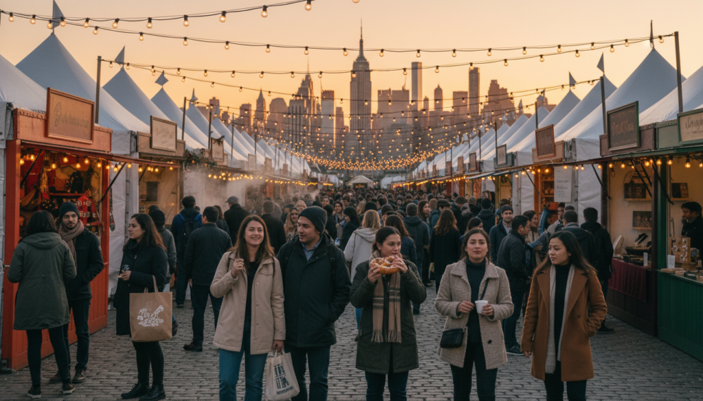 A crowded outdoor holiday market with rows of white peaked tents and overhead string lights. People dressed in winter coats walk along a cobblestone path. In the background, the New York City skyline and the Empire State Building are silhouetted against a golden sunset sky.