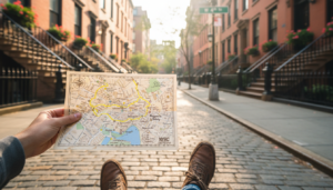 A first-person perspective of a person holding an illustrated vintage-style map on a sun-drenched cobblestone street lined with historic brownstone buildings.