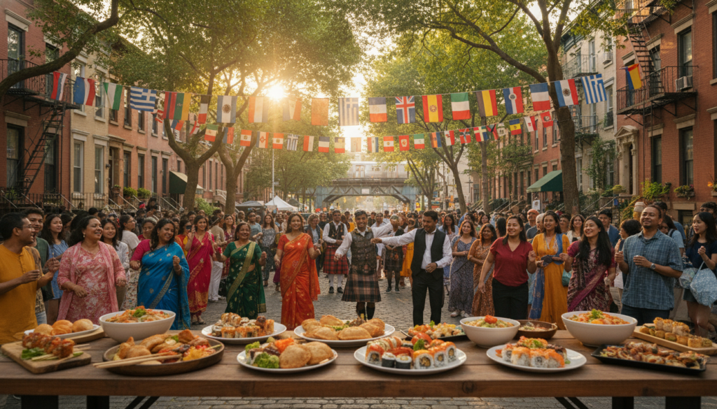 A vibrant multicultural street festival with a diverse crowd dancing on a tree-lined city street. In the foreground, a wooden table is filled with international dishes like sushi and empanadas. Strings of global flags hang overhead against a warm, golden sunset.