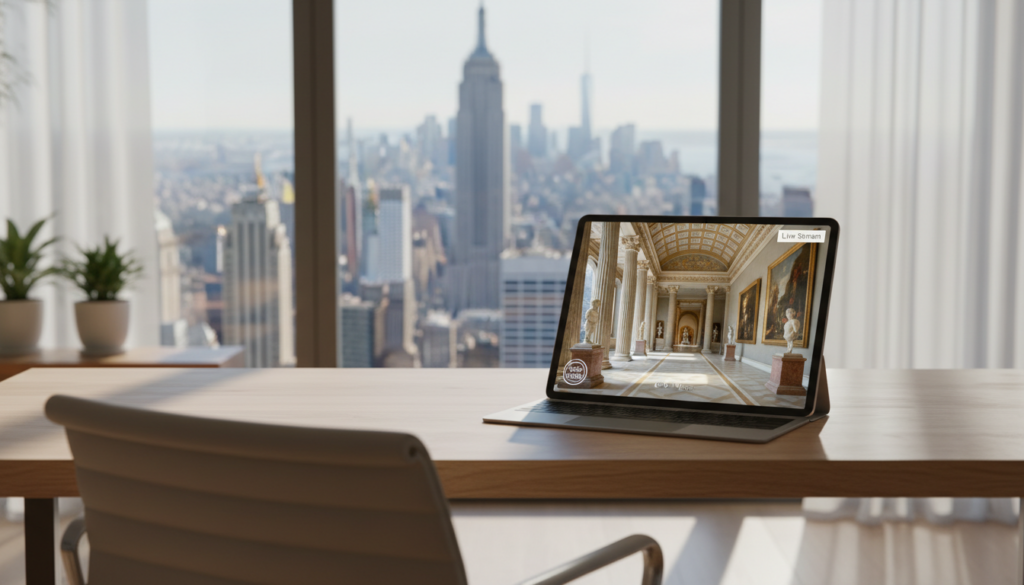 A laptop on a wooden desk displaying a virtual museum tour, with a blurry New York City skyline and the Empire State Building visible through a window in the background.