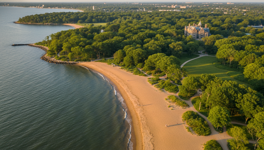 An aerial perspective shows a golden sandy beach curving along the blue waters of the Long Island Sound. A dense canopy of green trees meets the sand, with a large, multi-story stone mansion featuring towers visible in the upper right. Long shadows stretch across the beach from the setting sun.
