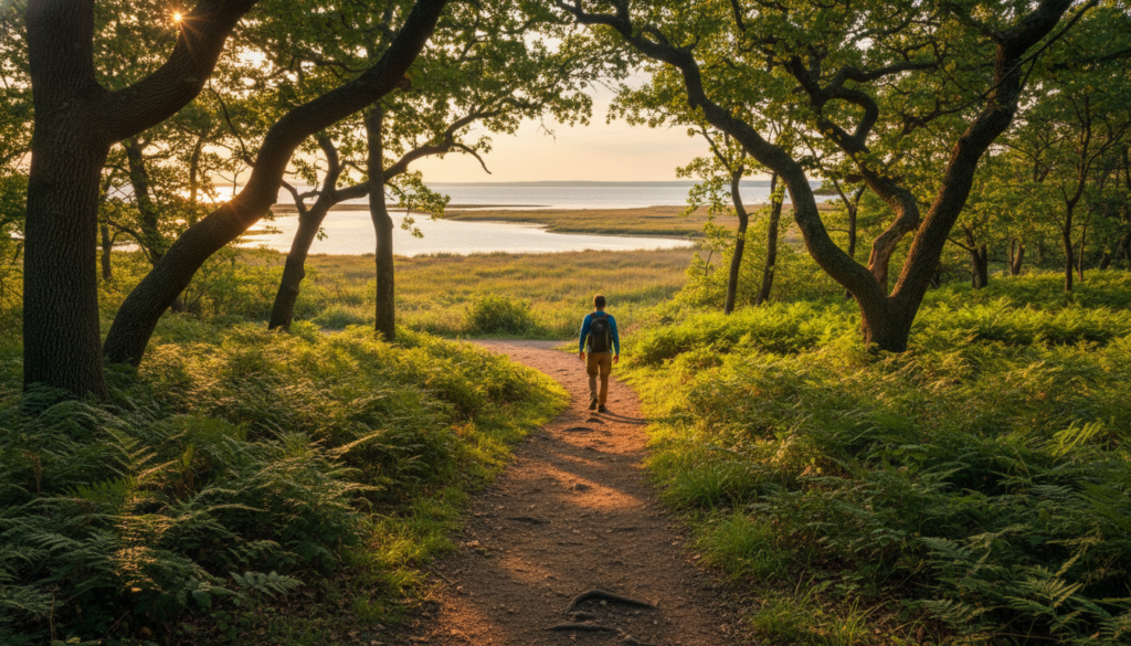 A hiker with a backpack walking down a sun-dappled dirt path through a lush green forest towards a tranquil body of water at sunset.