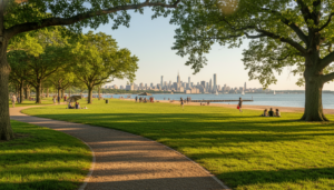 A wide-angle view of a sunlit park with a winding gravel path, lush green lawns, and large leafy trees casting long shadows. In the distance, people are relaxing on the grass and a sandy beach bordering a body of water, with the prominent New York City skyline visible on the horizon under a clear sky.