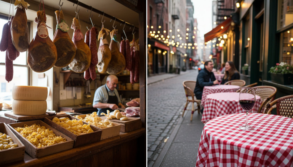 A split-frame image showing a traditional Italian-style deli with hanging cured meats and fresh pasta on the left, and a cozy outdoor cafe scene with red checkered tablecloths and red wine on a cobblestone street at dusk on the right.