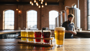 A wooden bar top in a brewery featuring a beer flight of four small glasses ranging in color from light to dark and a full pint of golden beer. In the soft-focus background, a bartender in an apron works near large stainless steel fermentation tanks and brick walls with arched windows.