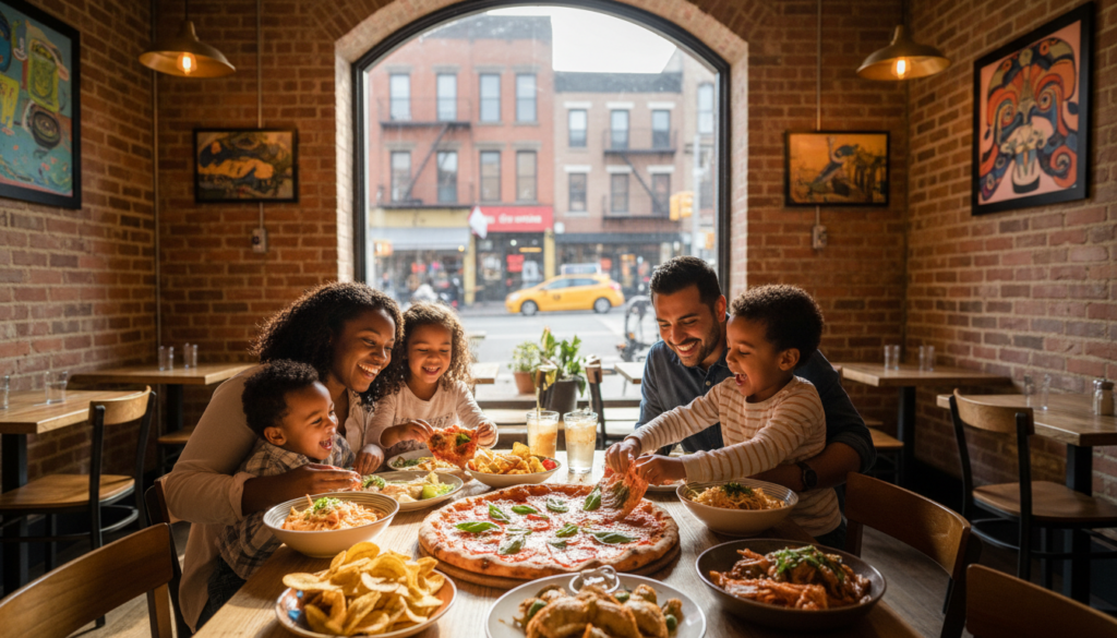 Joyful Family Dinner at a Local Pizzeria - HelpNewYork.com A happy, smiling family of five—a father, mother, and three young children—sitting at a wooden table in a cozy, brick-walled restaurant, enjoying a large spread of Italian food including a large pizza, several pasta dishes, and chips, with a view of a city street through a large arched window behind them.