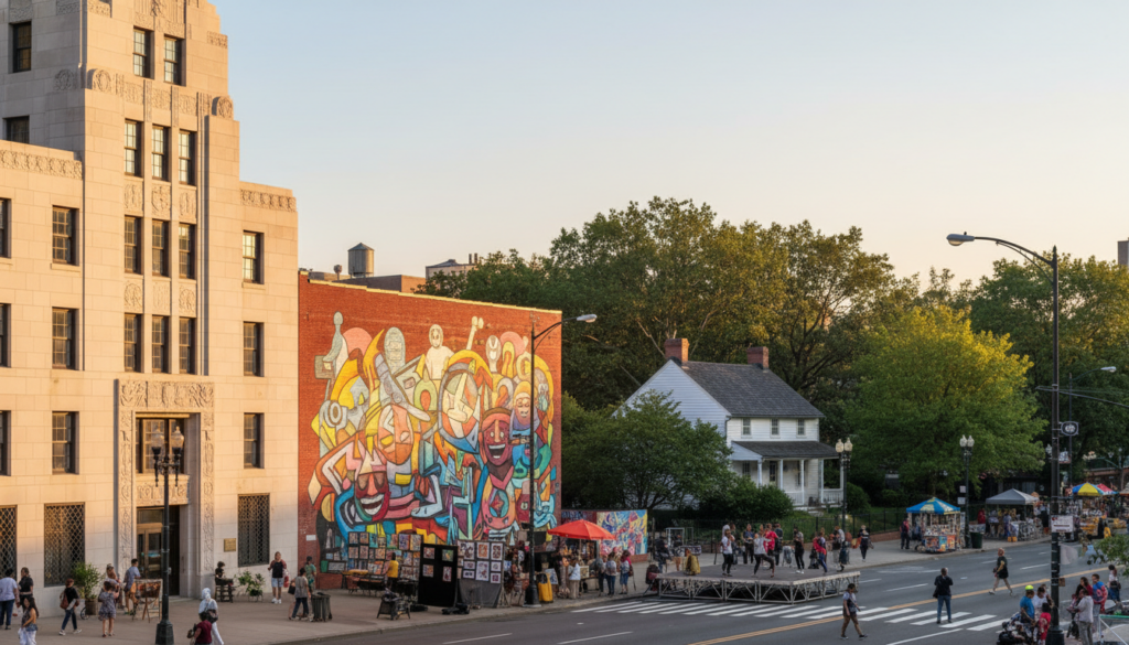 A city street scene featuring a large, colorful abstract mural on a brick wall, situated between a tall Art Deco building and a white colonial-style house. People are active on the street with vendor stalls and an outdoor stage.