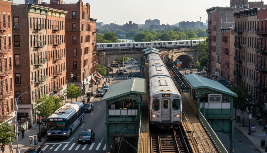An elevated New York City subway train at a station platform, flanked by brick apartment buildings, with a bus and cars on the street below and another train crossing a distant bridge.