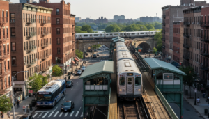 An elevated New York City subway train at a station platform, flanked by brick apartment buildings, with a bus and cars on the street below and another train crossing a distant bridge.