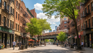 A bustling city street lined with multi-story brick buildings featuring classic fire escapes, with an elevated subway train crossing over the road in the distance under a sunny sky with fluffy clouds.