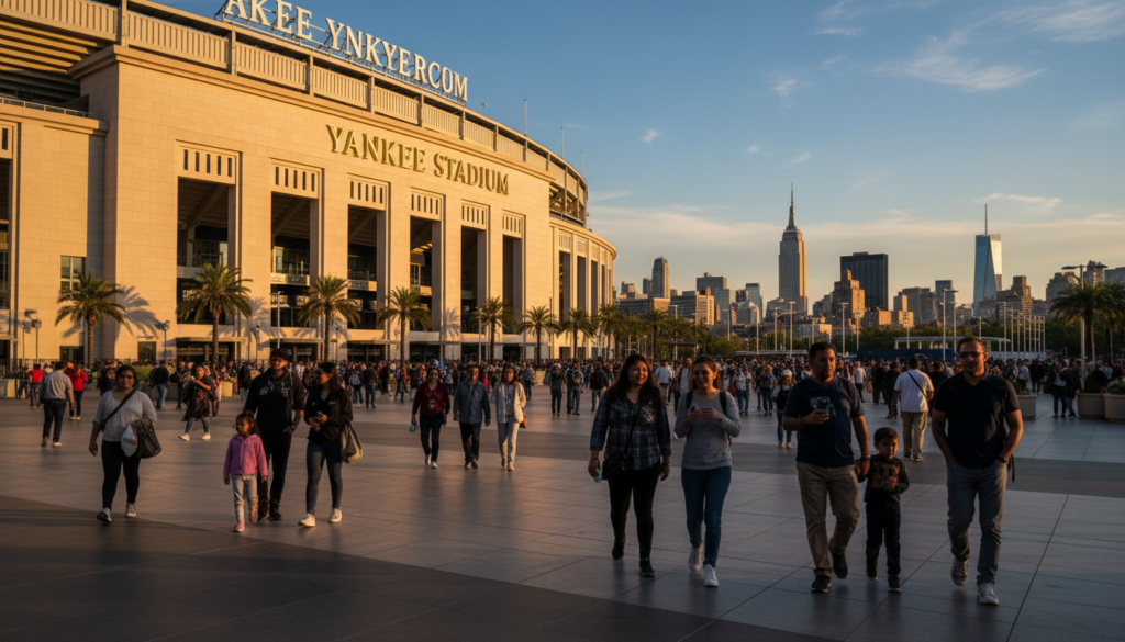 A photo of the exterior of Yankee Stadium in the Bronx, New York, during golden hour. A large crowd of people walks across a wide, sunlit plaza in the foreground. The Manhattan skyline, featuring the Empire State Building and One World Trade Center, is visible in the background against a clear blue sky.