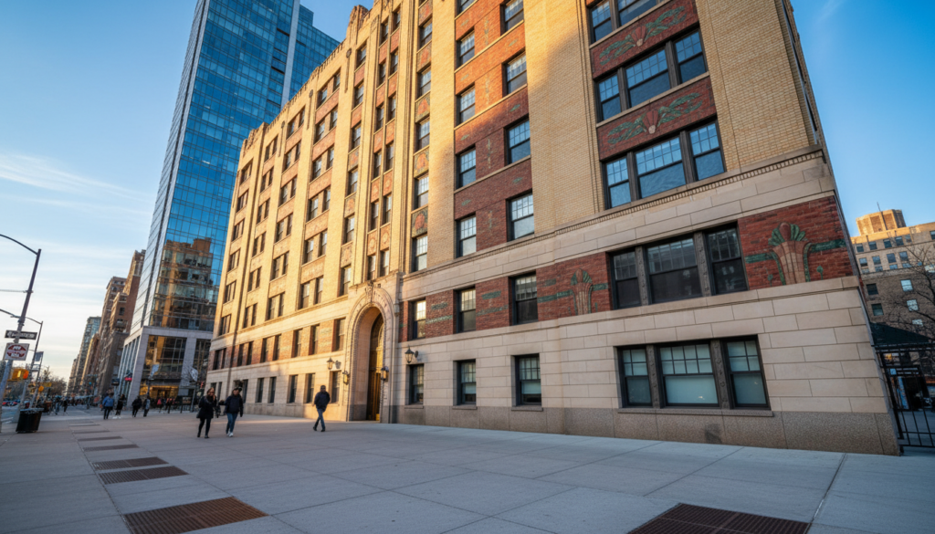 A low-angle shot of a multi-story brick and tan stone building with Art Deco architectural details and an arched entrance, located next to a modern glass skyscraper on a wide city sidewalk at sunset.