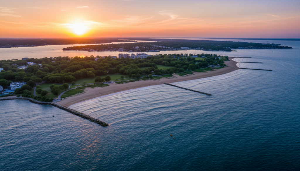 Aerial view of a coastal beach and park at sunset, featuring stone jetties extending into blue ocean water and a lush green forest bordering the sand.
