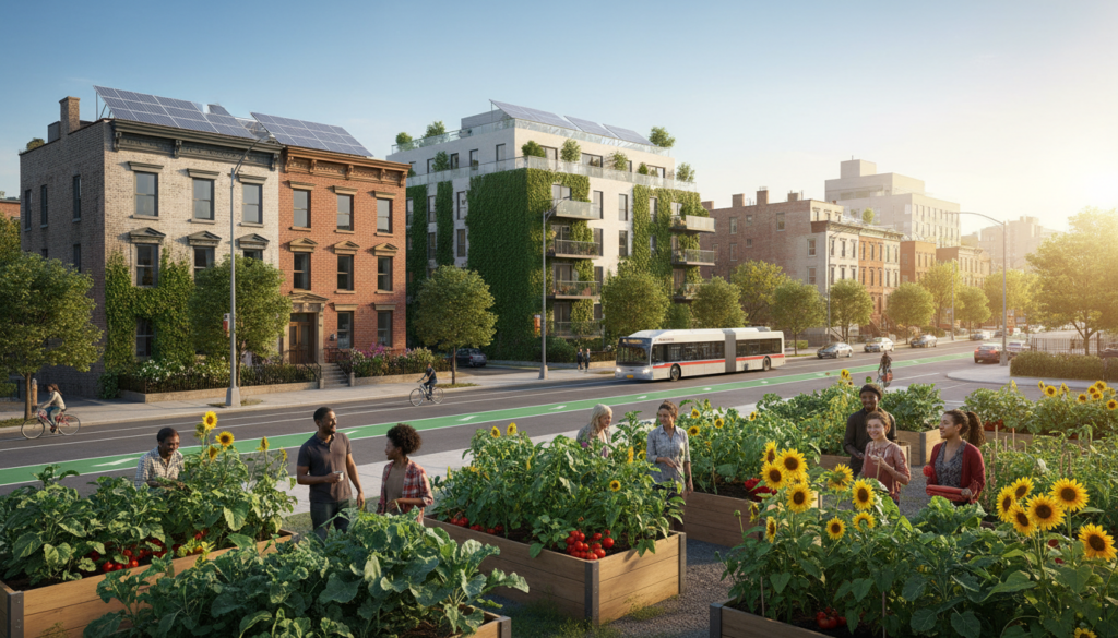 A diverse group of people tending to raised urban garden beds with vegetables and sunflowers on a city street featuring solar-paneled buildings, vertical greenery, and a dedicated bike lane with a passing transit bus.