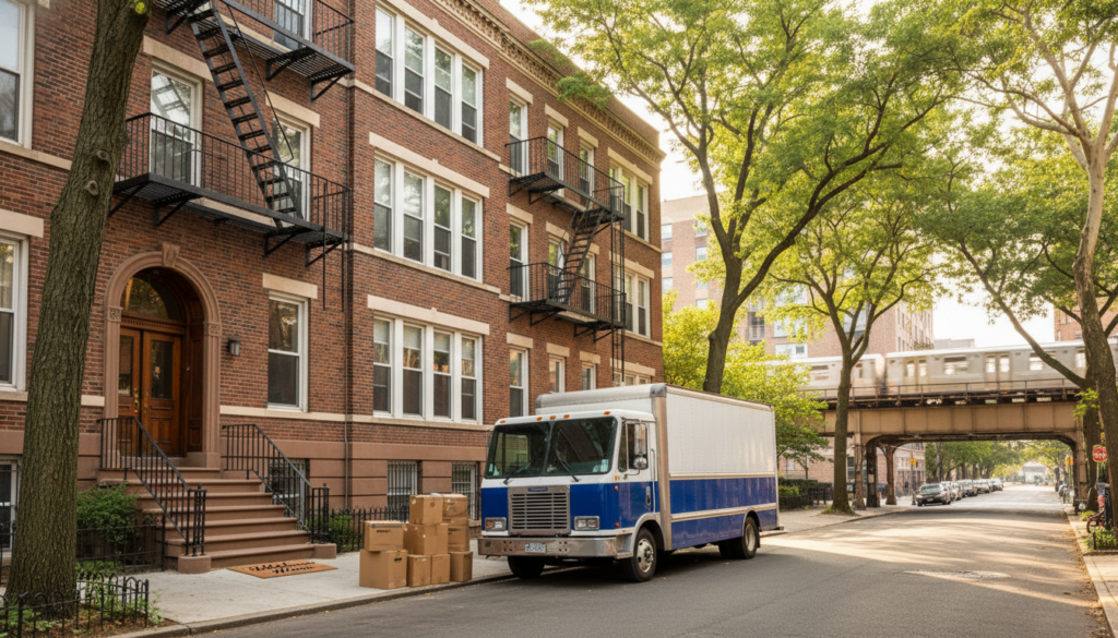 A blue and white moving truck is parked on a tree-lined city street in front of a brick brownstone apartment building, with several cardboard boxes stacked on the sidewalk and an elevated train passing over a bridge in the background.