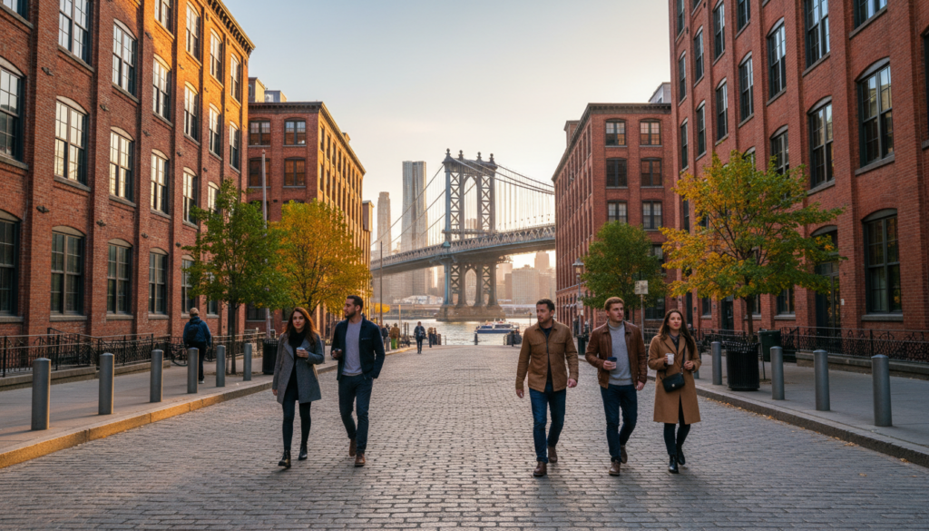 A group of five friends walking down a cobblestone street in the DUMBO neighborhood of Brooklyn with the Manhattan Bridge perfectly framed between two historic red brick buildings.
