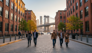 Friends Strolling Through DUMBO Brooklyn with Manhattan Bridge View - HelpNewYork.com A group of five friends walking down a cobblestone street in the DUMBO neighborhood of Brooklyn with the Manhattan Bridge perfectly framed between two historic red brick buildings.