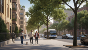 A diverse group of people walk along a wide, tree-lined sidewalk in a sunny urban neighborhood. A couple walks a small dog, while a city bus and cars drive past multi-story residential buildings.
