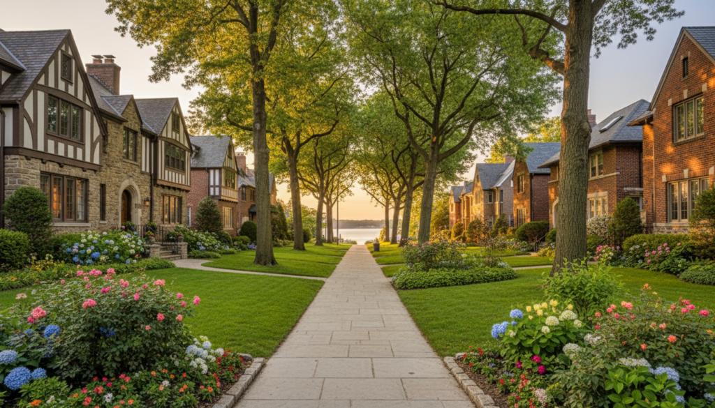 A picturesque stone-paved walkway lined with mature trees and historic Tudor-style homes, featuring vibrant flowerbeds and a serene view of a lake at sunset.