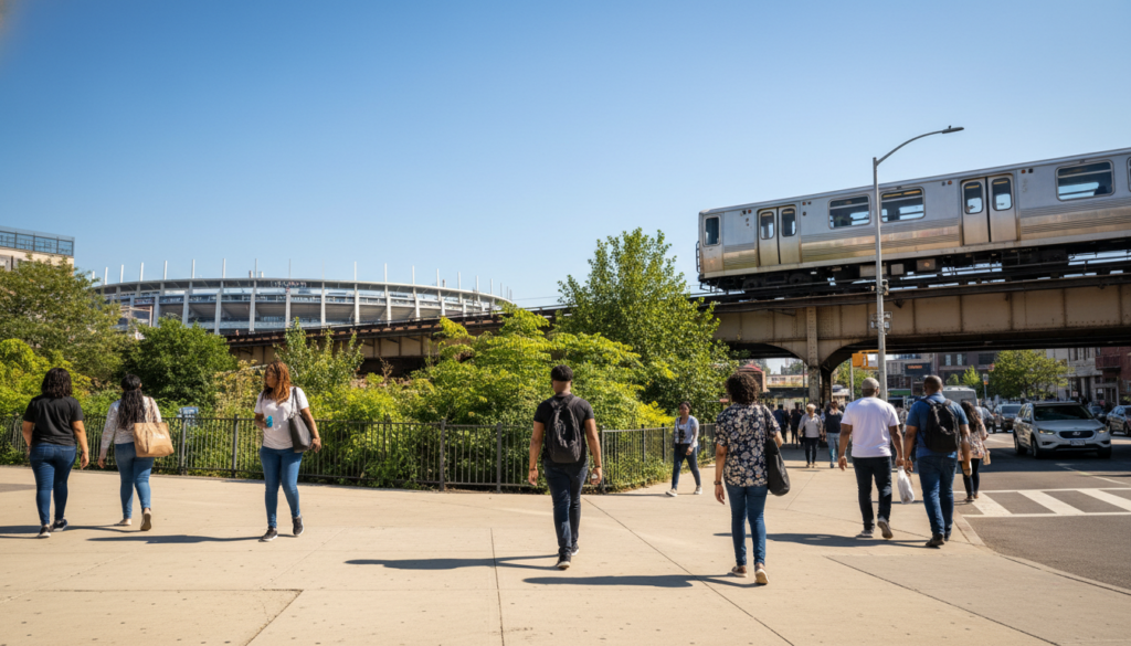 A diverse group of people walk on a sunny sidewalk in the Bronx, New York, with an elevated silver train passing overhead and the Yankee Stadium structure in the background.