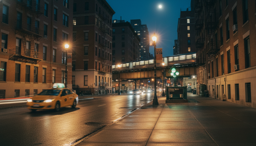 A motion-blurred yellow taxi cab drives through a city street at night under an elevated subway track with a train passing over.